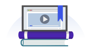 A blue ribbon hangs over a laptop screen